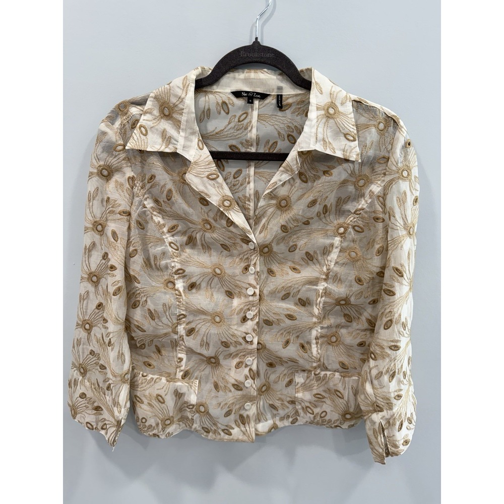 NIC+ZOE Nordstrom Floral Embroidered Sheer Button Front Blouse Botanical 8